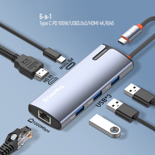 Купить USB-хаб ColorWay USB Type-C 6 in 1 (CW-HUB02) Dark Grey - цена в Харькове, Киеве, Днепре, Одессе
в интернет-магазине Telemart фото