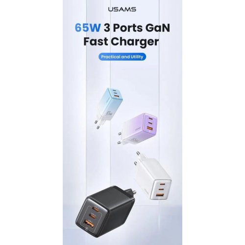 Купить Сетевое зарядное устройство Usams US-CC180 Sandru USB + 2 x USB Type-C 65W Gradient Blue - цена в Харькове, Киеве, Днепре, Одессе
в интернет-магазине Telemart фото