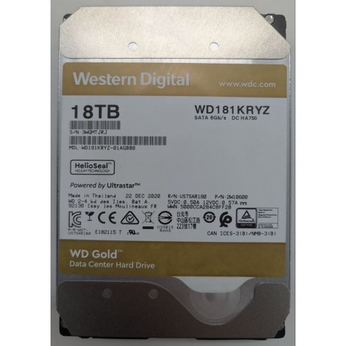 Жорсткий диск Western Digital Gold Enterprise Class 512e 18TB 512MB 7200RPM 3.5" (WD181KRYZ) (Відновлено продавцем, 655643) купити з перевіркою сумісності: огляд, характеристики, ціна у Києві, Львові, Вінниці, Хмельницькому, Івано-Франківську, Україні | інтернет-магазин TELEMART.UA фото