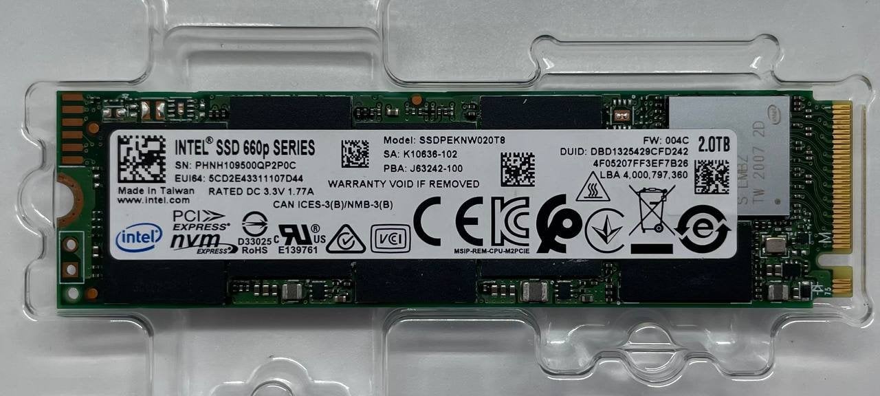 Купить Ssd-диск Intel 660p 2TB M.2 (2280 PCI-E) NVMe x4 (SSDPEKNW020T8X1)  (Восстановлено продавцом, 656596) с проверкой совместимости: обзор,  характеристики, цена в Киеве, Днепре, Одессе, Харькове, Украине |  интернет-магазин TELEMART.UA