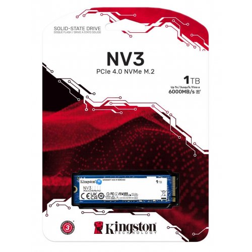 Купить SSD-диск Kingston NV3 3D NAND 1TB M.2 (2280 PCI-E) NVMe x4 (SNV3S/1000G) с проверкой совместимости: обзор, характеристики, цена в Киеве, Днепре, Одессе, Харькове, Украине | интернет-магазин TELEMART.UA фото