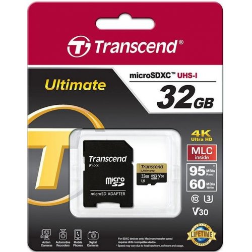 Карта пам'яті Transcend microSDHC Action 32GB Class 10 UHS-I U3 R95/W85MB/s 4K (с адаптером) (TS32GUSDU3) купити в Україні | Telemart фото