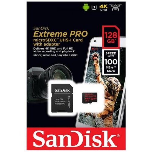 Купить Карта памяти SanDisk microSDXC Extreme Pro 128GB V30 A1 UHS-I U3 R100/W90MB/s 4K (с адаптером) (SDSQXCG-128G-GN6MA) - цена в Харькове, Киеве, Днепре, Одессе
в интернет-магазине Telemart фото