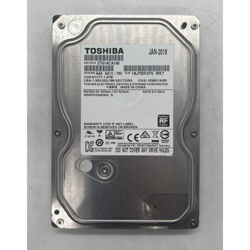 Жорсткий диск Toshiba 1TB 32MB 7200RPM 3.5" (DT01ACA100) (Відновлено продавцем, 673397) купити з перевіркою сумісності: огляд, характеристики, ціна у Києві, Львові, Вінниці, Хмельницькому, Івано-Франківську, Україні | інтернет-магазин TELEMART.UA фото