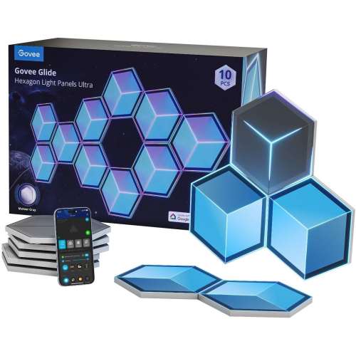 Купити Набір настінних світильників Govee H606A Glide Hexagon Light RGBIC WI-FI/Bluetooth 10pcs (H606AC81) White - ціна в Києві, Львові, Вінниці, Хмельницькому, Франківську, Україні | інтернет-магазин TELEMART.UA фото