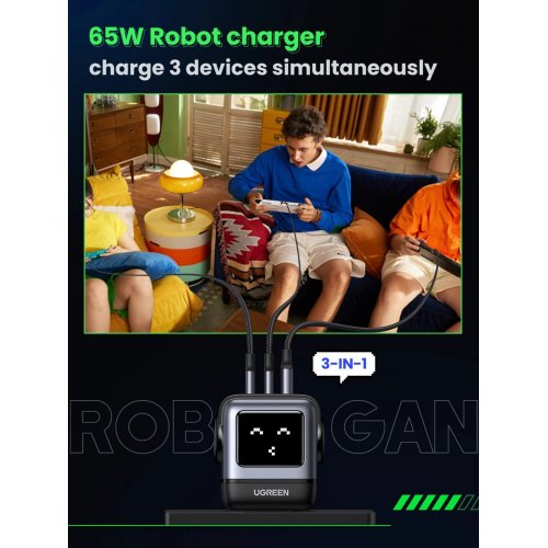 Купить Сетевое зарядное устройство Ugreen CD361 Nexode Robot GaN Tech USB + 2 x USB Type-C 65W (25685B) Grey - цена в Харькове, Киеве, Днепре, Одессе
в интернет-магазине Telemart фото