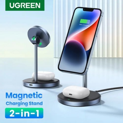 Купити Бездротовий зарядний пристрій Ugreen CD317 2 in 1 MagSafe Magnetic QI Wireless 20W (90668) Black - ціна в Києві, Львові, Вінниці, Хмельницькому, Франківську, Україні | інтернет-магазин TELEMART.UA фото