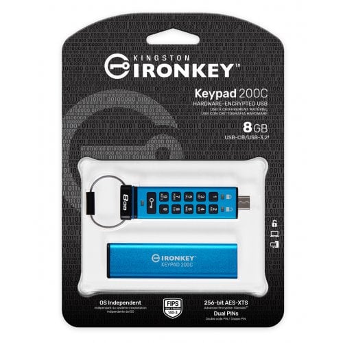 Купити Накопичувач Kingston IronKey Keypad 200 8GB USB 3.2 Type-C (IKKP200C/8GB) Blue - ціна в Києві, Львові, Вінниці, Хмельницькому, Франківську, Україні | інтернет-магазин TELEMART.UA фото