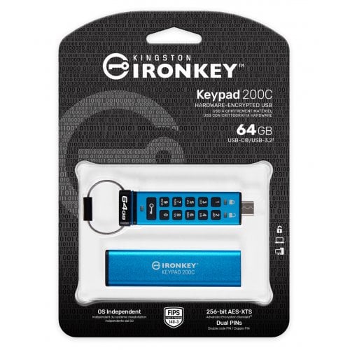 Купити Накопичувач Kingston IronKey Keypad 200 64GB USB 3.2 Type-C (IKKP200C/64GB) Blue - ціна в Києві, Львові, Вінниці, Хмельницькому, Франківську, Україні | інтернет-магазин TELEMART.UA фото