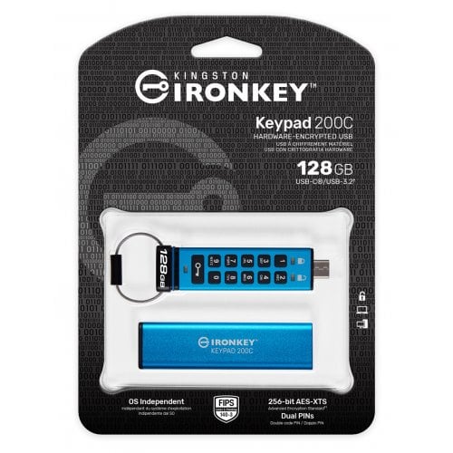 Купити Накопичувач Kingston IronKey Keypad 200 128GB USB 3.2 Type-C (IKKP200C/128GB) Blue - ціна в Києві, Львові, Вінниці, Хмельницькому, Франківську, Україні | інтернет-магазин TELEMART.UA фото