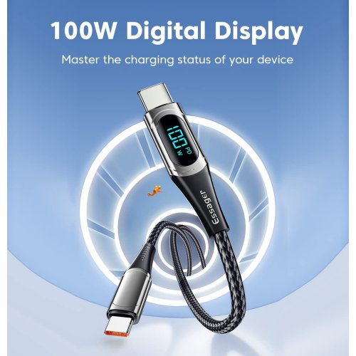 Купити Кабель Essager LED Digital Display USB Type-C to USB Type-C 100W 1m (ES-XCTT1-YD01) Black - ціна в Києві, Львові, Вінниці, Хмельницькому, Франківську, Україні | інтернет-магазин TELEMART.UA фото