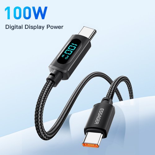 Купити Кабель Essager Enjoy LED Digital Display USB Type-C to USB Type-C 100W 1m (EXCTT1-XY01-P) Black - ціна в Києві, Львові, Вінниці, Хмельницькому, Франківську, Україні | інтернет-магазин TELEMART.UA фото