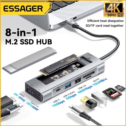 Купити USB-хаб Essager Hub 8 in 1 USB Type-C with SSD M.2 NVMe/SATA Enclosure (EHB08-QK0G-Z) Grey - ціна в Києві, Львові, Вінниці, Хмельницькому, Франківську, Україні | інтернет-магазин TELEMART.UA фото