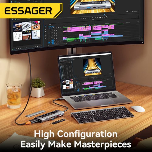 Купити USB-хаб Essager Hub 8 in 1 USB Type-C with SSD M.2 NVMe/SATA Enclosure (EHB08-QK0G-Z) Grey - ціна в Києві, Львові, Вінниці, Хмельницькому, Франківську, Україні | інтернет-магазин TELEMART.UA фото