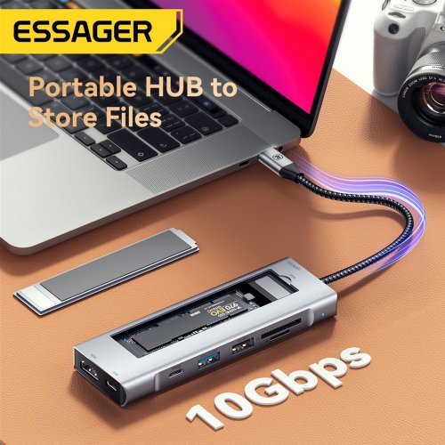 Купити USB-хаб Essager Hub 8 in 1 USB Type-C with SSD M.2 NVMe/SATA Enclosure (EHB08-QK0G-Z) Grey - ціна в Києві, Львові, Вінниці, Хмельницькому, Франківську, Україні | інтернет-магазин TELEMART.UA фото