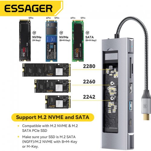 Купити USB-хаб Essager Hub 8 in 1 USB Type-C with SSD M.2 NVMe/SATA Enclosure (EHB08-QK0G-Z) Grey - ціна в Києві, Львові, Вінниці, Хмельницькому, Франківську, Україні | інтернет-магазин TELEMART.UA фото