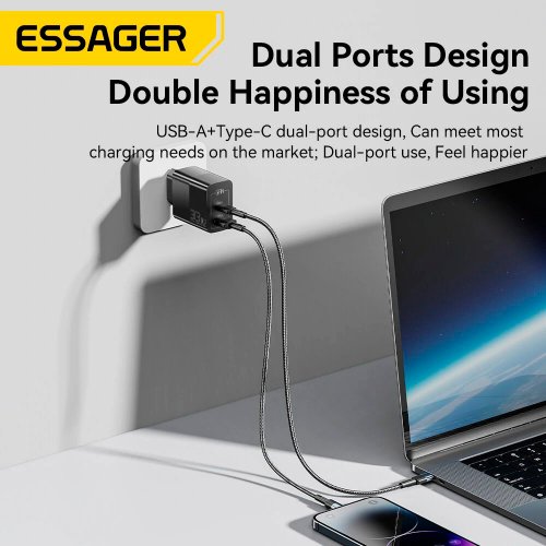 Купити Мережевий зарядний пристрій Essager Pinchen GaN Travel USB + USB Type-C 33W (ECTAC-PCB01-P) Black - ціна в Києві, Львові, Вінниці, Хмельницькому, Франківську, Україні | інтернет-магазин TELEMART.UA фото