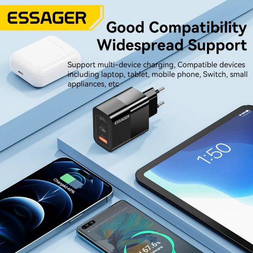 Купити Мережевий зарядний пристрій Essager Pinchen GaN Travel USB + USB Type-C 33W (ECTAC-PCB01-P) Black - ціна в Києві, Львові, Вінниці, Хмельницькому, Франківську, Україні | інтернет-магазин TELEMART.UA фото