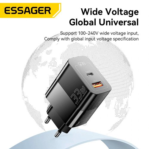 Купить Сетевое зарядное устройство Essager Pinchen GaN Travel USB + USB Type-C 33W (ECTAC-PCB01-P) Black - цена в Харькове, Киеве, Днепре, Одессе
в интернет-магазине Telemart фото