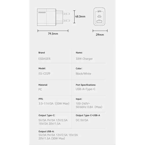 Купить Сетевое зарядное устройство Essager Pinchen GaN Travel USB + USB Type-C 33W (ECTAC-PCB01-P) Black - цена в Харькове, Киеве, Днепре, Одессе
в интернет-магазине Telemart фото