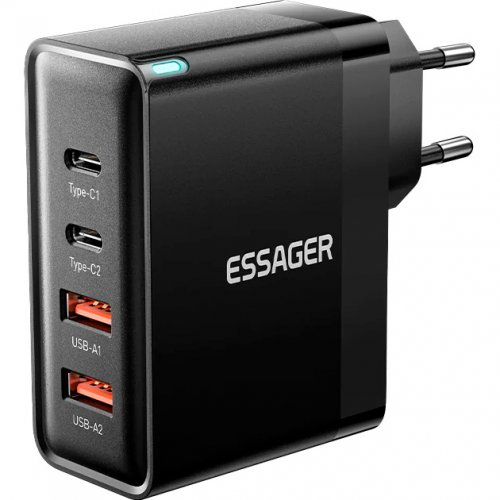 Купити Мережевий зарядний пристрій Essager Grace GaN Travel 2 x USB + 2 x USB Type-C 100W (ECT2CA-QYB01-Z) Black - ціна в Києві, Львові, Вінниці, Хмельницькому, Франківську, Україні | інтернет-магазин TELEMART.UA фото