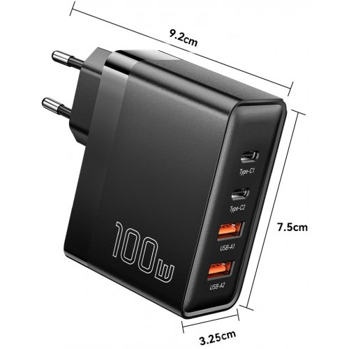 Купити Мережевий зарядний пристрій Essager Grace GaN Travel 2 x USB + 2 x USB Type-C 100W (ECT2CA-QYB01-Z) Black - ціна в Києві, Львові, Вінниці, Хмельницькому, Франківську, Україні | інтернет-магазин TELEMART.UA фото