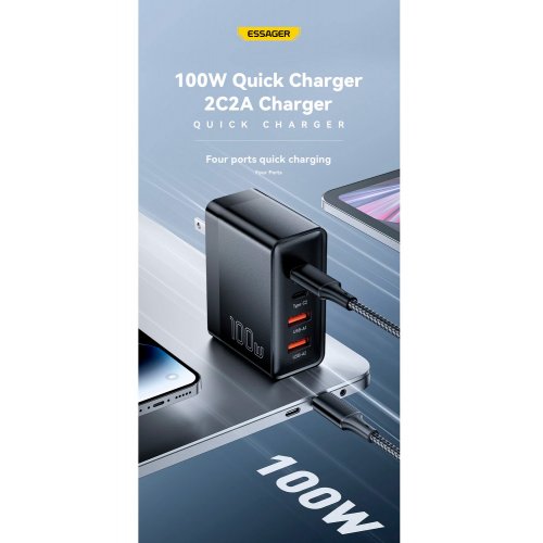 Купить Сетевое зарядное устройство Essager Grace GaN Travel 2 x USB + 2 x USB Type-C 100W (ECT2CA-QYB01-Z) Black - цена в Харькове, Киеве, Днепре, Одессе
в интернет-магазине Telemart фото