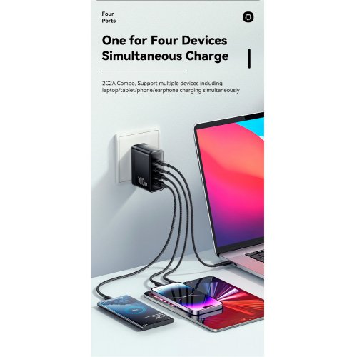 Купить Сетевое зарядное устройство Essager Grace GaN Travel 2 x USB + 2 x USB Type-C 100W (ECT2CA-QYB01-Z) Black - цена в Харькове, Киеве, Днепре, Одессе
в интернет-магазине Telemart фото