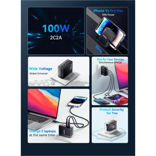 Купити Мережевий зарядний пристрій Essager Grace GaN Travel 2 x USB + 2 x USB Type-C 100W (ECT2CA-QYB01-Z) Black - ціна в Києві, Львові, Вінниці, Хмельницькому, Франківську, Україні | інтернет-магазин TELEMART.UA фото