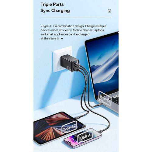 Купить Сетевое зарядное устройство Essager Kolsang GaN Travel USB + 2 x USB Type-C 67W (ECTAC-KSB01-Z) Black - цена в Харькове, Киеве, Днепре, Одессе
в интернет-магазине Telemart фото