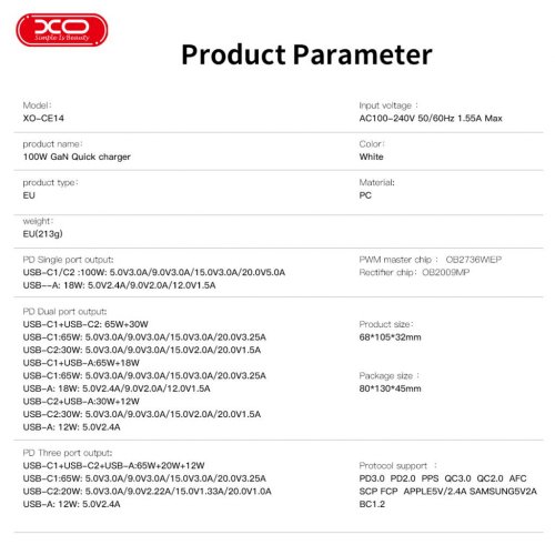 Купити Мережевий зарядний пристрій XO CE14 GaN USB Type-A + 2 x USB Type-C 100W White - ціна в Києві, Львові, Вінниці, Хмельницькому, Франківську, Україні | інтернет-магазин TELEMART.UA фото