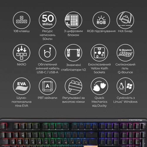 Купить Клавиатура Ducky One 3 RGB Cherry MX Blue (DKON2108ST-CUAPXCLAWSC1) Black - цена в Харькове, Киеве, Днепре, Одессе
в интернет-магазине Telemart фото