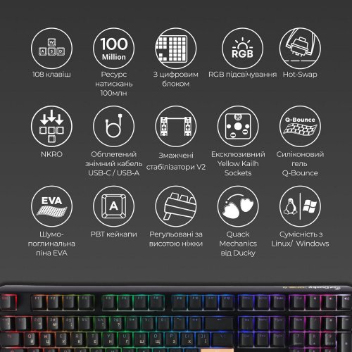 Купити Клавіатура Ducky One 3 RGB Cherry MX Silent Red (DKON2108ST-SUAPXCLAWSC1) Black - ціна в Києві, Львові, Вінниці, Хмельницькому, Франківську, Україні | інтернет-магазин TELEMART.UA фото