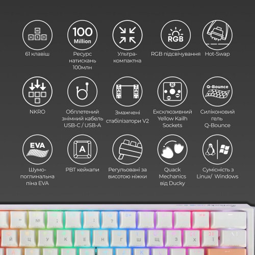 Купити Клавіатура Ducky One 3 Mini RGB Cherry MX Speed Silver (DKON2161ST-PUAPXPWWWSC1) White - ціна в Києві, Львові, Вінниці, Хмельницькому, Франківську, Україні | інтернет-магазин TELEMART.UA фото