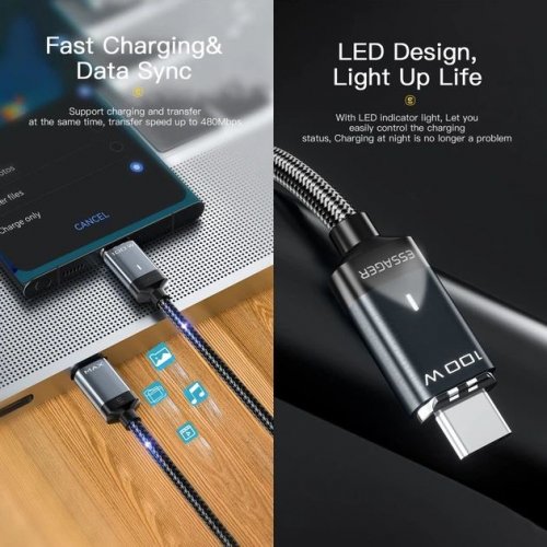 Кабель Essager KASS Magnetic USB Type-C to USB Type-C 100W 2m (EXCCXTT1-KSA0H) Gray купити в Україні: Київ, Львів, Хмельницький, Тернопіль, Івано-Франківськ | Низька ціна, відгуки, характеристики від TELEMART фото