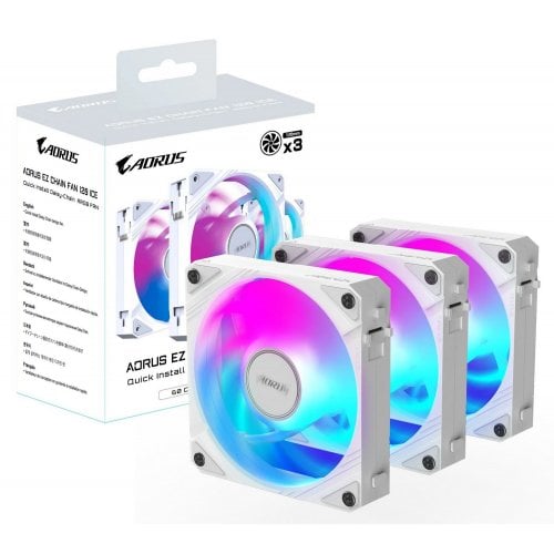 Купить Кулер для корпуса Gigabyte AORUS EZ CHAIN FAN 120 (3-Pack) (GP-ECFAN1203 ICE) White с проверкой совместимости: обзор, характеристики, цена в Киеве, Днепре, Одессе, Харькове, Украине | интернет-магазин TELEMART.UA фото