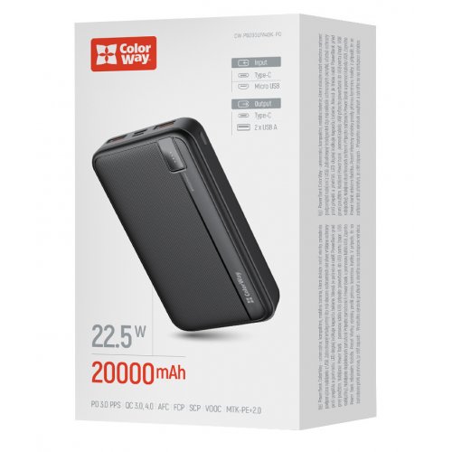 Купить Powerbank ColorWay 20000mAh High-Power 22.5W (CW-PB200LPA4BK-PD) Black - цена в Харькове, Киеве, Днепре, Одессе
в интернет-магазине Telemart фото