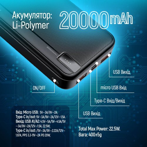 Купить Powerbank ColorWay 20000mAh High-Power 22.5W (CW-PB200LPA4BK-PD) Black - цена в Харькове, Киеве, Днепре, Одессе
в интернет-магазине Telemart фото