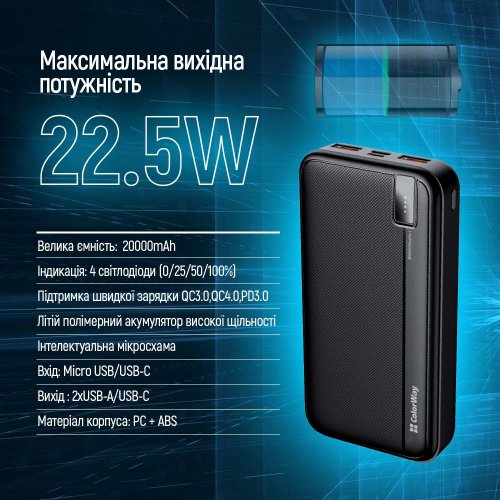 Купить Powerbank ColorWay 20000mAh High-Power 22.5W (CW-PB200LPA4BK-PD) Black - цена в Харькове, Киеве, Днепре, Одессе
в интернет-магазине Telemart фото