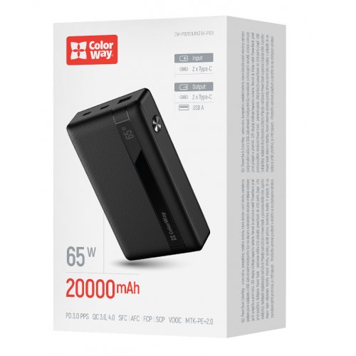 Купить Powerbank ColorWay 20000mAh Powerful 65W (CW-PB200LPA3BK-PDD) Black - цена в Харькове, Киеве, Днепре, Одессе
в интернет-магазине Telemart фото