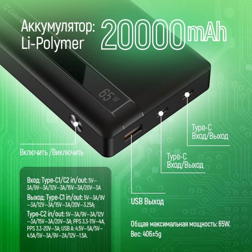 Купить Powerbank ColorWay 20000mAh Powerful 65W (CW-PB200LPA3BK-PDD) Black - цена в Харькове, Киеве, Днепре, Одессе
в интернет-магазине Telemart фото