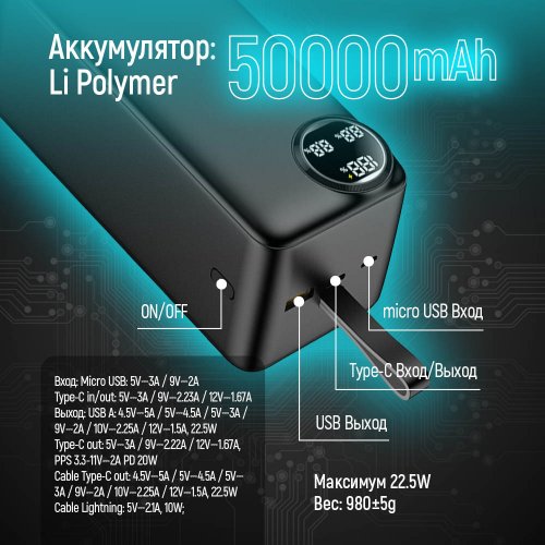 Купить Powerbank ColorWay 50000mAh LCD 22.5W (CW-PB500LPA4BK-PDD) Black - цена в Харькове, Киеве, Днепре, Одессе
в интернет-магазине Telemart фото