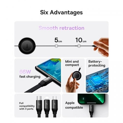 Купити Кабель Baseus Bright Mirror 2 Series Retractable 3 in 1 USB to Lightning/Micro-USB/Type-C 66W 1.1m (CAMJ010101) Black - ціна в Києві, Львові, Вінниці, Хмельницькому, Франківську, Україні | інтернет-магазин TELEMART.UA фото