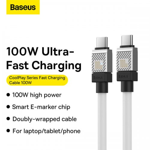 Купити Кабель Baseus CoolPlay Series USB Type-C to USB Type-C 100W 2m (CAKW000302) White - ціна в Києві, Львові, Вінниці, Хмельницькому, Франківську, Україні | інтернет-магазин TELEMART.UA фото