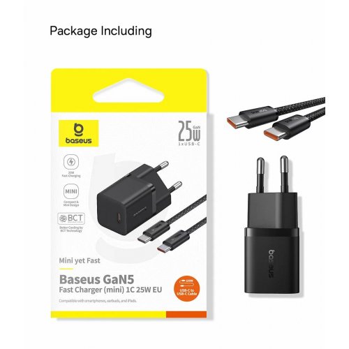 Купить Сетевое зарядное устройство Baseus GaN5 Mini USB Type-C 25W + кабель USB Type-C to USB Type-C (P10110909113-01) Black - цена в Харькове, Киеве, Днепре, Одессе
в интернет-магазине Telemart фото