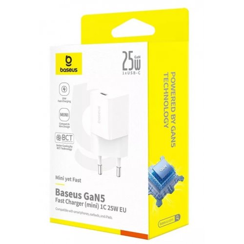 Купить Сетевое зарядное устройство Baseus GaN5 Mini USB Type-C 25W (P10110909213-00) White - цена в Харькове, Киеве, Днепре, Одессе
в интернет-магазине Telemart фото