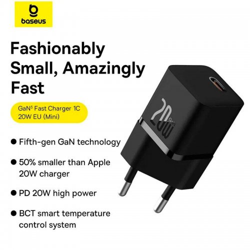 Купити Мережевий зарядний пристрій Baseus GaN5 Mini USB Type-C 20W + кабель USB Type-C to USB Type-C (P10110900113-00) Black - ціна в Києві, Львові, Вінниці, Хмельницькому, Франківську, Україні | інтернет-магазин TELEMART.UA фото