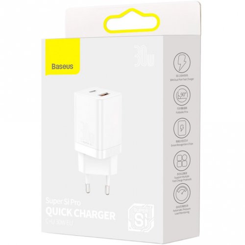 Купити Мережевий зарядний пристрій Baseus Super Si Pro USB + USB Type-C 30W (CCSUPP-E02) White - ціна в Києві, Львові, Вінниці, Хмельницькому, Франківську, Україні | інтернет-магазин TELEMART.UA фото