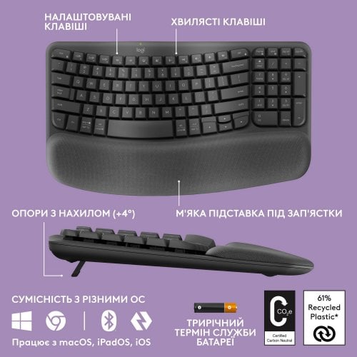 Купить Клавиатура Logitech Wave Keys for Business Wireless (920-012334) Graphite - цена в Харькове, Киеве, Днепре, Одессе
в интернет-магазине Telemart фото