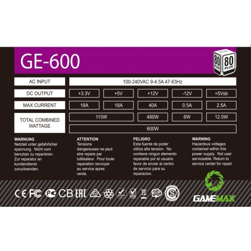 GAMEMAX 600W 80+WHITE GE-600